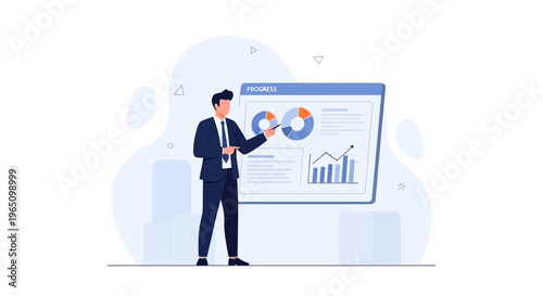 Businessman presenting progress report with charts and graphs on screen