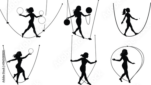 Rhythmic gymnastics silhouettes, hoop ball ribbon poses, elegant motion, artistic sport illustration, black graphic design, balance coordination, athletic performance concept