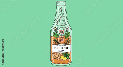 Probiotic soda bottle with vector eps illustration of ginger and herbs on label