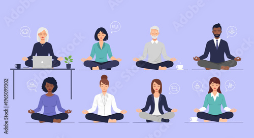 People meditate in office setting with vector eps illustrations of diverse individuals.
