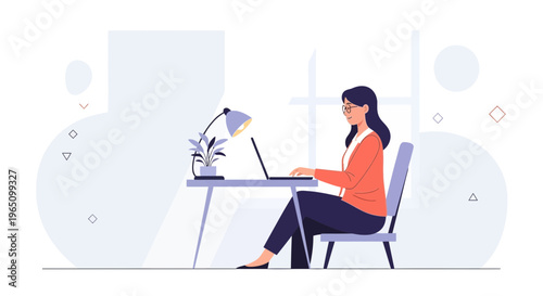 Woman working on laptop at desk, home office, illustration, flat design