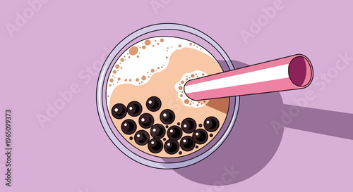 An illustration of a cup with a pink straw and black tapioca pearls in vector eps format.