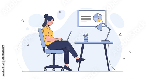 Woman working on laptop at desk with pie chart on screen, remote work concept