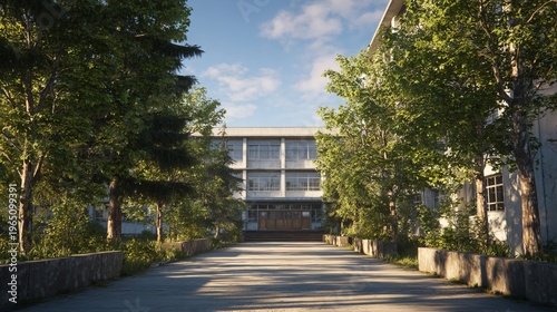 School building exterior with trees, wide shot, outdoor campus architecture scene, no identifiable people