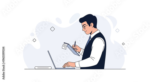 Man in Glasses Working on Laptop and Taking Notes, Business Illustration