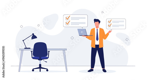 Man with Laptop and Checklist, Office Desk, Business Tasks, To-Do List Concept