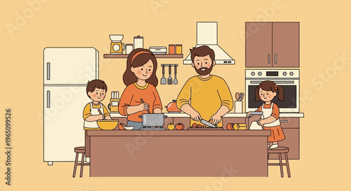 Family of four cooking together in kitchen with vector eps illustrations