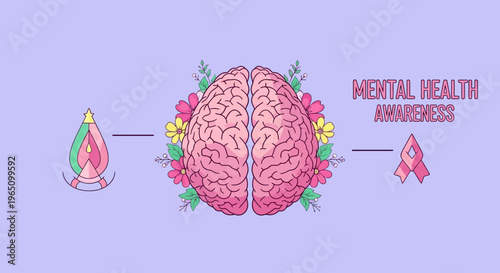 Mental health awareness vector eps illustration of brain with flowers and semicolon symbol