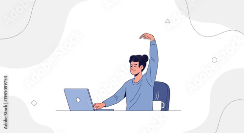 Man stretching at desk with laptop and coffee, office break, remote work, healthy lifestyle