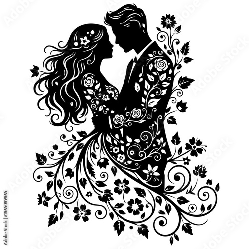 Floral Romantic Couple SVG Vector Silhouette Cut File Cricut Printable Design