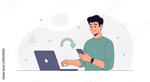 Man working on laptop and phone, digital connection, data transfer concept