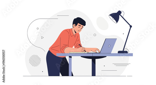 Young man working on laptop at desk with lamp, modern flat illustration style