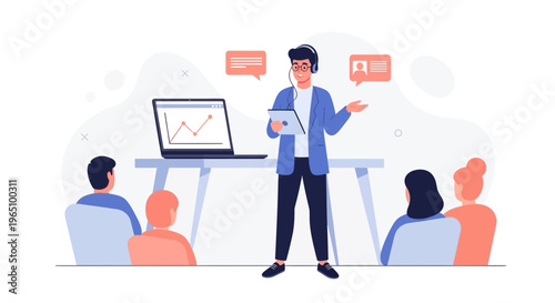 Business Presentation: Speaker with Tablet and Laptop, Audience Listening