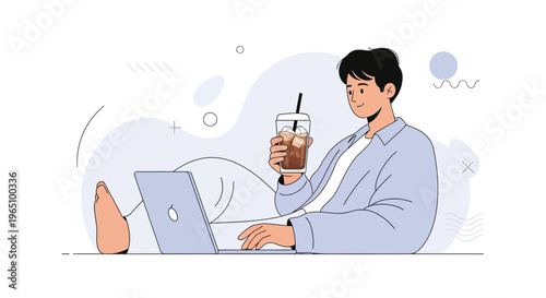 Young man working on laptop with iced coffee, relaxed lifestyle, modern flat illustration