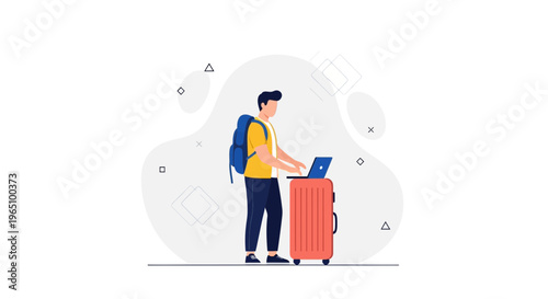 Young man with backpack and laptop on suitcase, digital nomad concept
