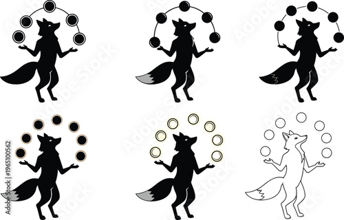 Set of six cartoon fox silhouettes juggling balls, whimsical anthropomorphic animal illustration, surreal fantasy artwork, symbolic playful design variations