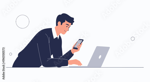 Man in Suit Using Smartphone and Laptop, Business Technology Concept