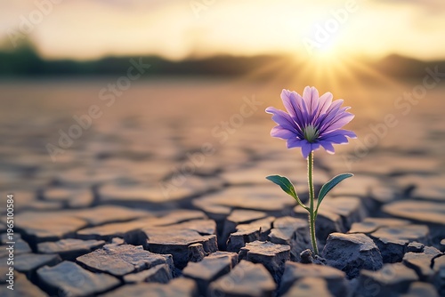 Resilient purple wildflower pushing through parched earth at dusk