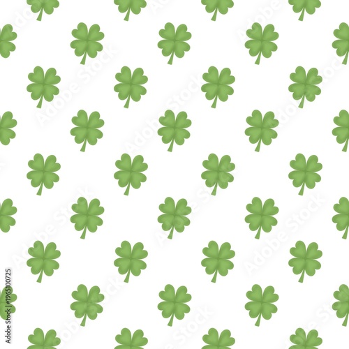 Seamless minimalist four-leaf clover pattern on white background for St. Patrick's Day and lucky charm decor.