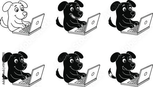 Set of six cartoon dogs using laptops, humorous anthropomorphic animal illustration, modern digital technology concept, whimsical symbolic design artwork