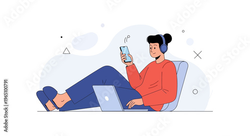 Young man with headphones using laptop and phone, relaxed at home, modern illustration