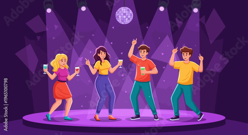 Group of friends dancing on a purple stage with spotlights