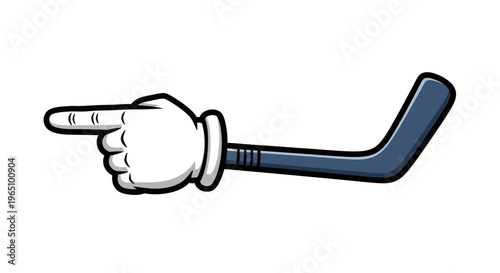Cartoon hand holding hockey stick and pointing left on white background