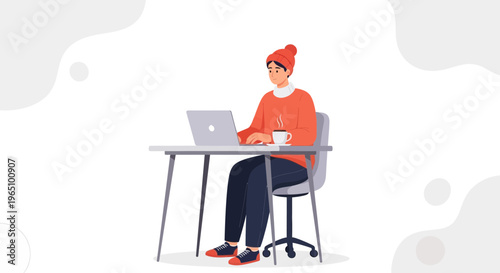 Woman working on laptop at desk with coffee, cozy winter outfit, remote work concept