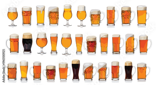 Beer Glass Collection with Different Beverages, Foamy Drinks, and Poured Beer for Bars, Pubs, and Beverage-Themed Graphics
