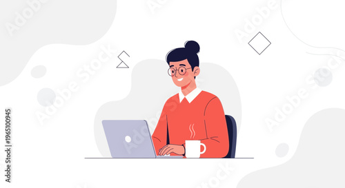 Young person working on laptop with coffee, modern flat illustration