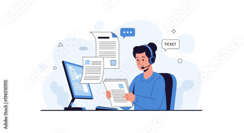 Customer service representative working with computer and documents, ticket concept