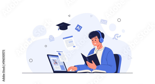 Student learning online with laptop, book, and headphones, AI and graduation cap icons