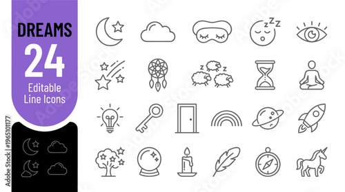 Dreams editable line icons set on white background for design projects