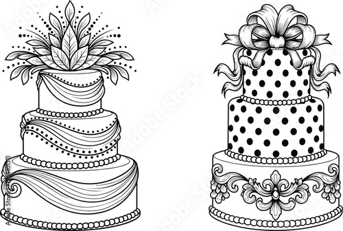 Wedding cake silhouettes, decorated tiers, floral design, ribbon bow, ornate scrollwork, polka dots, bead borders, black illustration, white background, dessert art