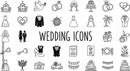Εκτύπωση καμβά Wedding icons collection, church illustration, rings design, champagne glasses,