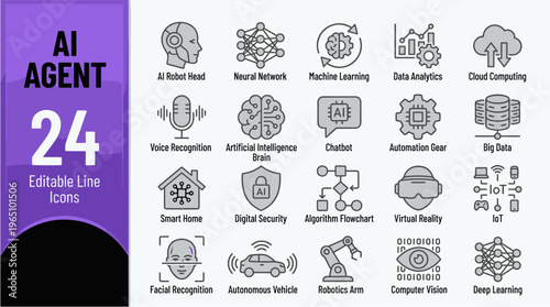 AI agent editable line icons on white background for business and technology concepts