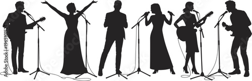 Musical performance silhouettes, singers with microphones, guitar players, live concert scene, stage collaboration, expressive art, black figures, white background, music illustration, entertainment