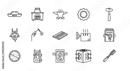 Minimal metallurgy outline icon set with metalworking furnace casting and industrial symbols