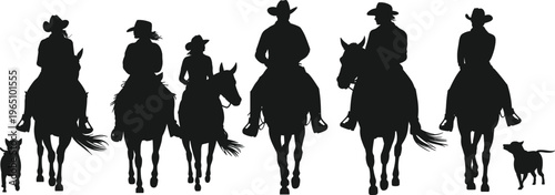 Cowboy silhouettes on horseback, western riders, dogs walking, ranch scene, classic country lifestyle, black figures, white background, movement forward, rural illustration, tradition