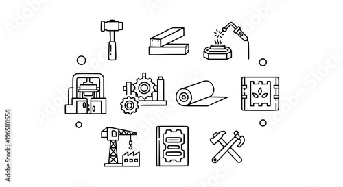 Modern metallurgy and metalworking outline icons collection with industrial processing symbols