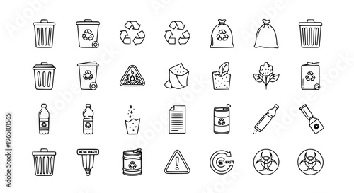 Minimal waste outline icon set with recycling trash and environmental management symbols