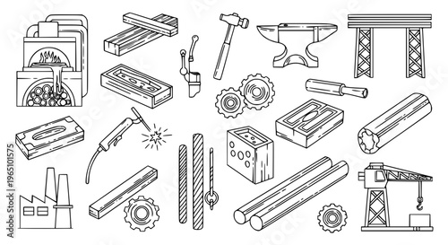 Detailed metallurgy outline icon set with metal fabrication and industrial workshop illustrations