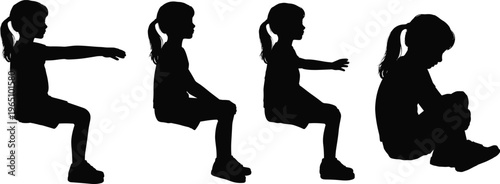 Child silhouette sequence, ponytail girl, sitting posture, crouching position, movement illustration, body balance, black figure, white background, posture variation, children concept