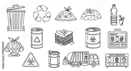 Detailed waste outline icon set with recycling, trash disposal, and environmental care illustrations