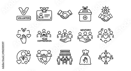 Modern volunteering and social service outline icons collection with community support symbols