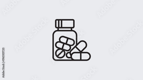 An essential icon depicting a pill bottle filled with various capsules and tablets, with more medication spilling out, representing pharmaceuticals, healthcare, and wellness.