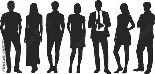 Silhouetted figures standing together, diverse attire, casual and formal clothing, group illustration, teamwork concept, unity, diversity, people outline, posture variation