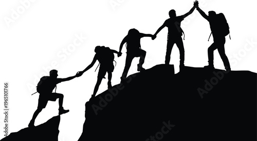 Mountain climbers silhouettes, teamwork support, helping hands, outdoor adventure, hiking activity, rocky terrain, backpack figures, cooperation, unity, challenge overcoming, success illustration