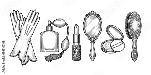 A set of vintage ladies' accessories in a classic engraving style. Includes gloves, perfume, lipstick, and a vanity set. Ideal for beauty, fashion, and retro-themed projects.