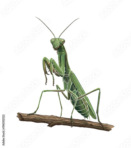 A detailed green praying mantis vector illustration. This predatory insect is perched on a branch. Perfect for educational, scientific, or nature-themed designs.